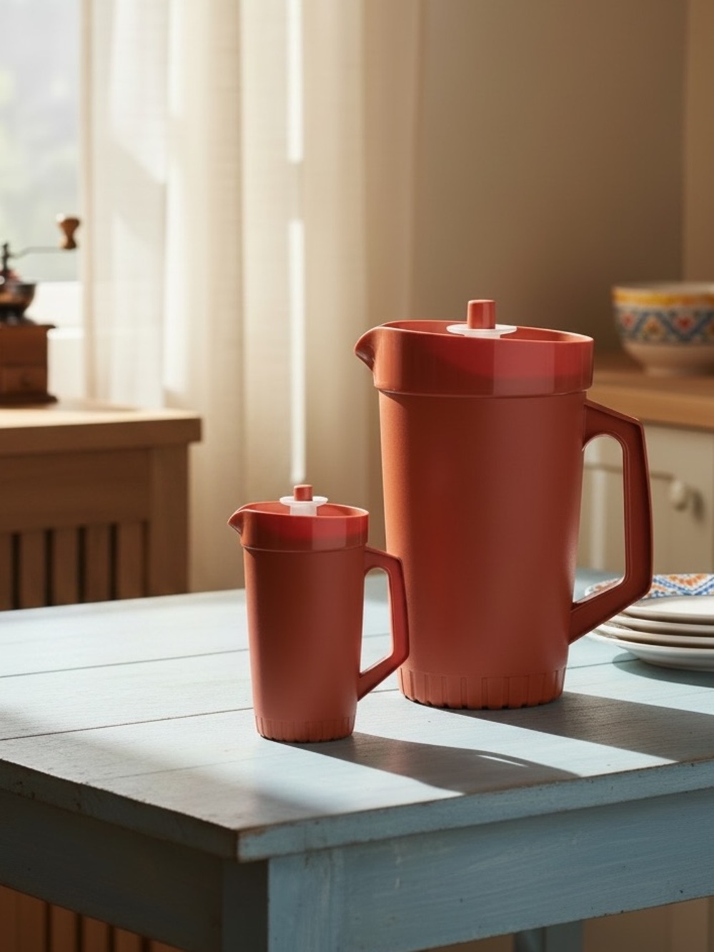 Set of 2 Vintage Tupperware Pitchers W/ Push Button Lids - 1.5 Qt. & Mini 1 Cup